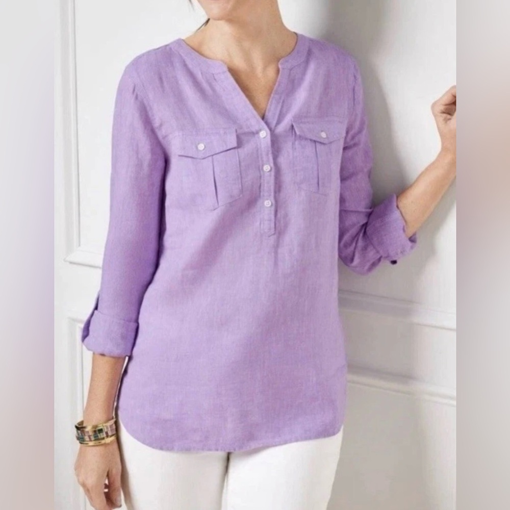 Talbots 100% Linen Popover Top 2X Purple Split Neck Button Front NWT